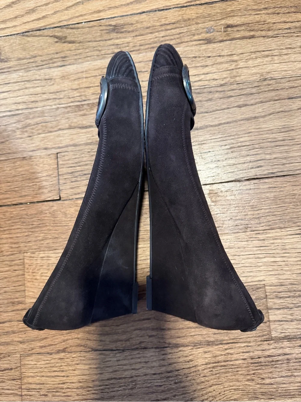 Stuart Weitzman Dark Brown Suede Wedge Flats with Buckle Accent - Picture 5 of 6